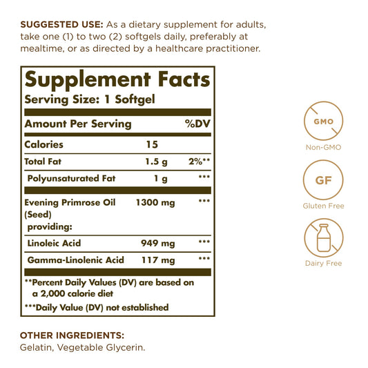 Solgar Evening Primrose Oil softgels close-up for convenient daily skin hydration.
