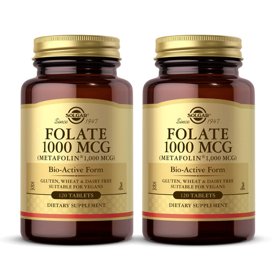 Solgar Folate 1000 mcg bottle label highlighting Metafolin bio-active option
