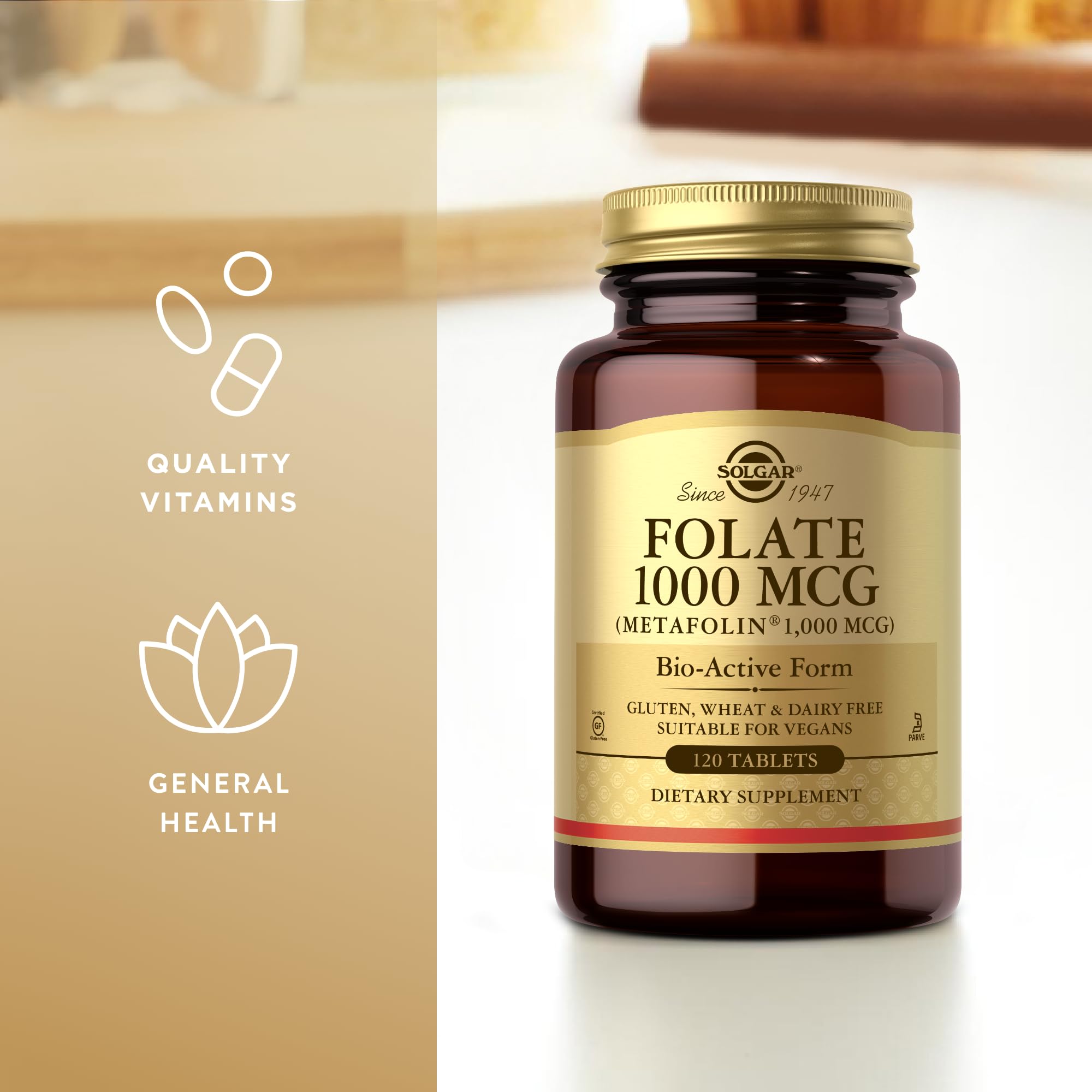 Solgar Folate vegan and kosher symbols on label