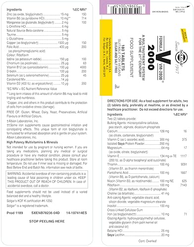 Solgar Formula VM-2000 bottle back label highlighting zinc and vitamins