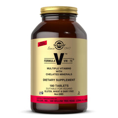 Solgar Formula VM-75 bottle front with 180 tablets for daily multivitamin use