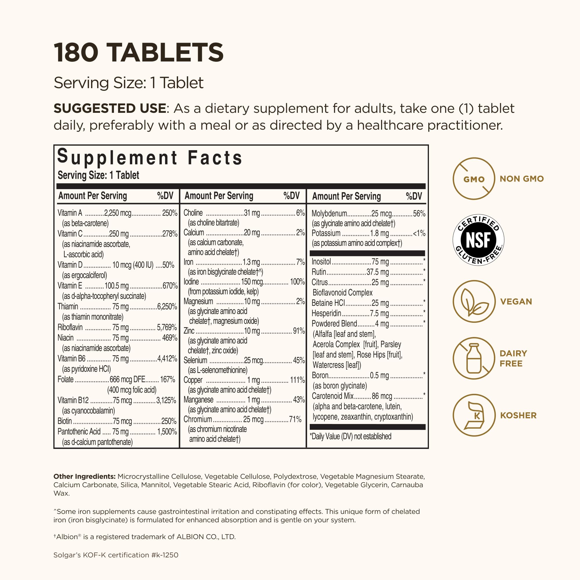 Close-up of Solgar VM-75 tablets showing compact daily nutrients