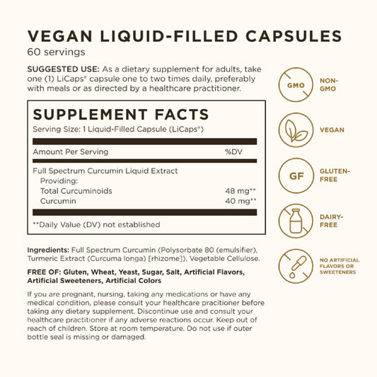 Solgar Full Spectrum Curcumin bottle side view highlighting packaging and dosage clarity.