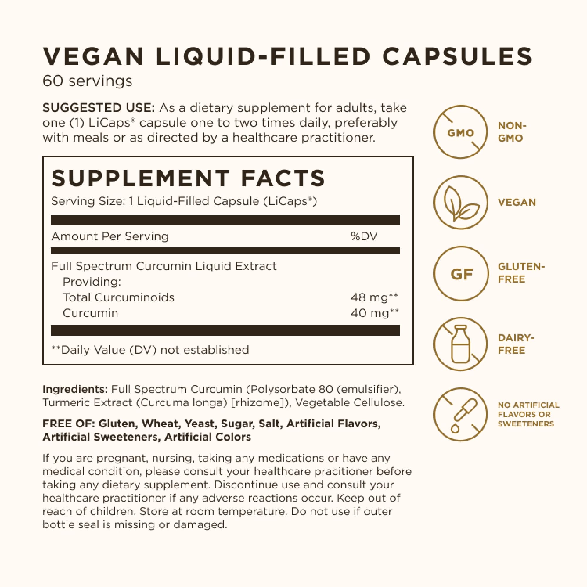 Solgar Full Spectrum Curcumin capsules closeup, easy-to-swallow form