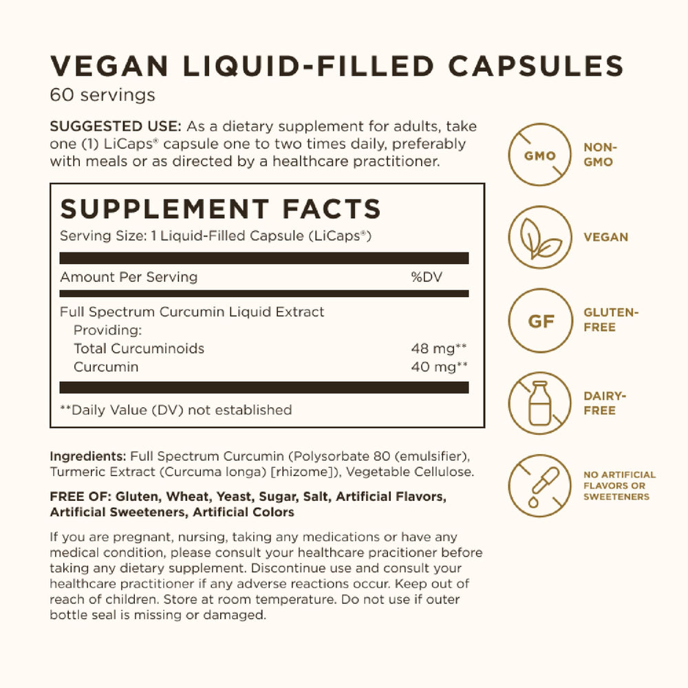 Solgar Full Spectrum Curcumin capsules closeup, easy-to-swallow form