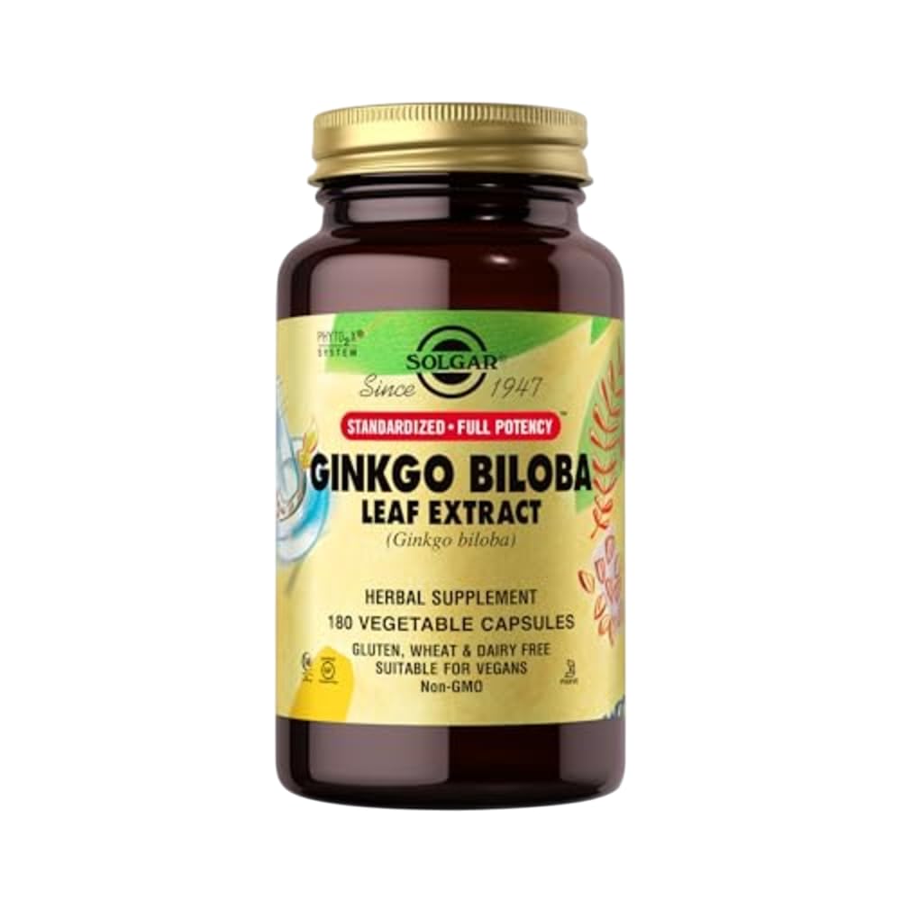 Solgar Ginkgo Biloba Leaf Extract bottle closeup showing premium packaging for reliable daily phytonutrient support