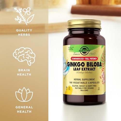 Solgar Ginkgo Biloba bottle with glass demonstrates easy daily intake