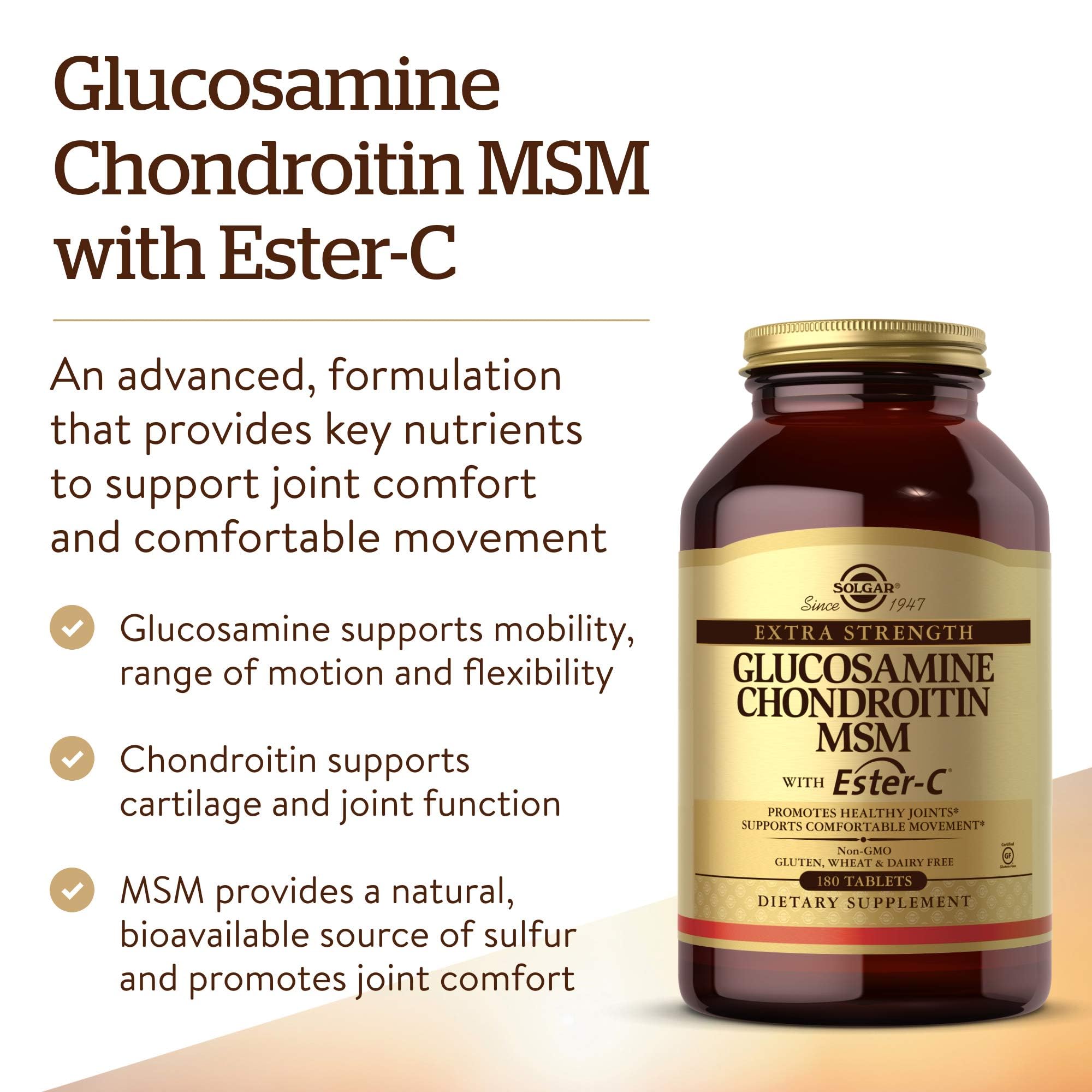 Solgar glucosamine chondroitin msm ester-c tablets closeup for cartilage nourishment