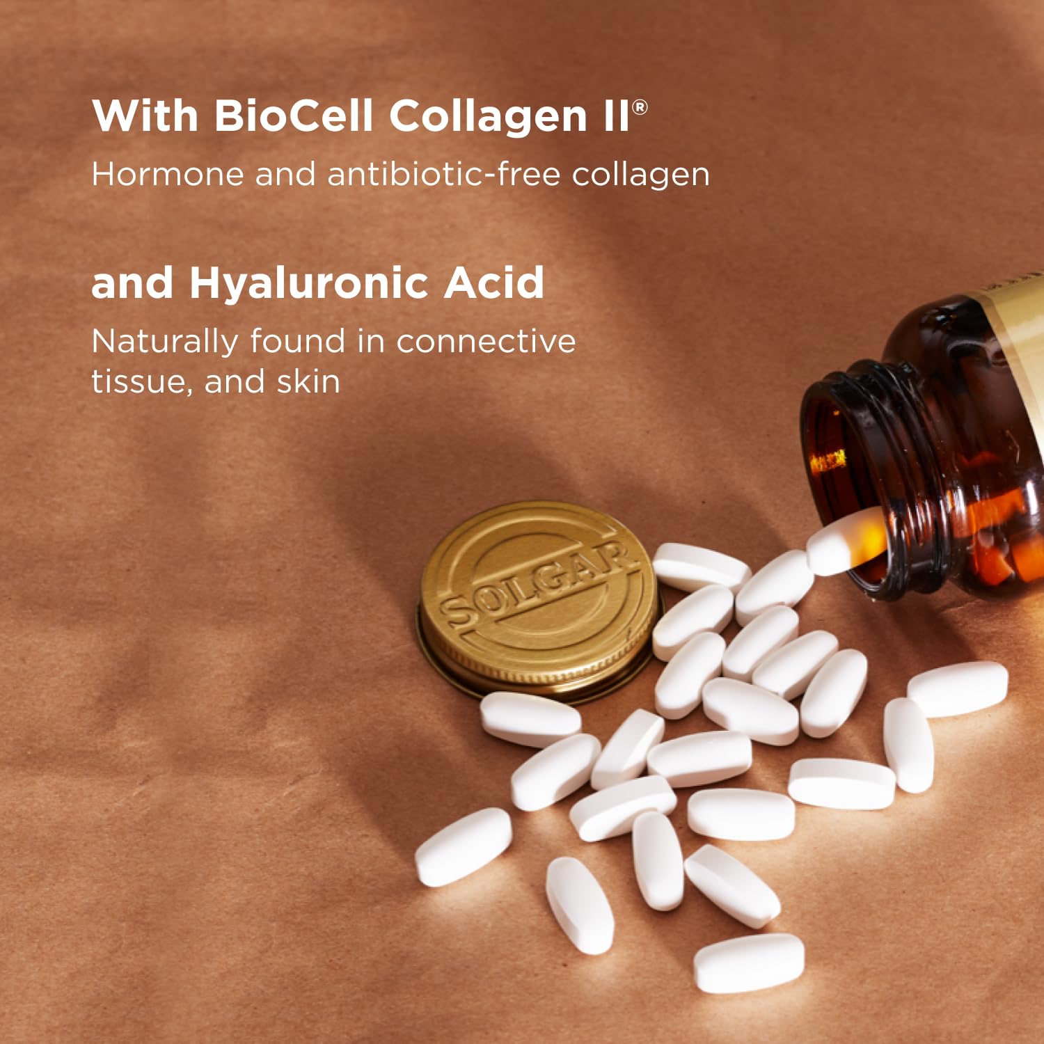Solgar Glucosamine Hyaluronic Acid Chondroitin MSM bottle close-up emphasizes joint lubrication.