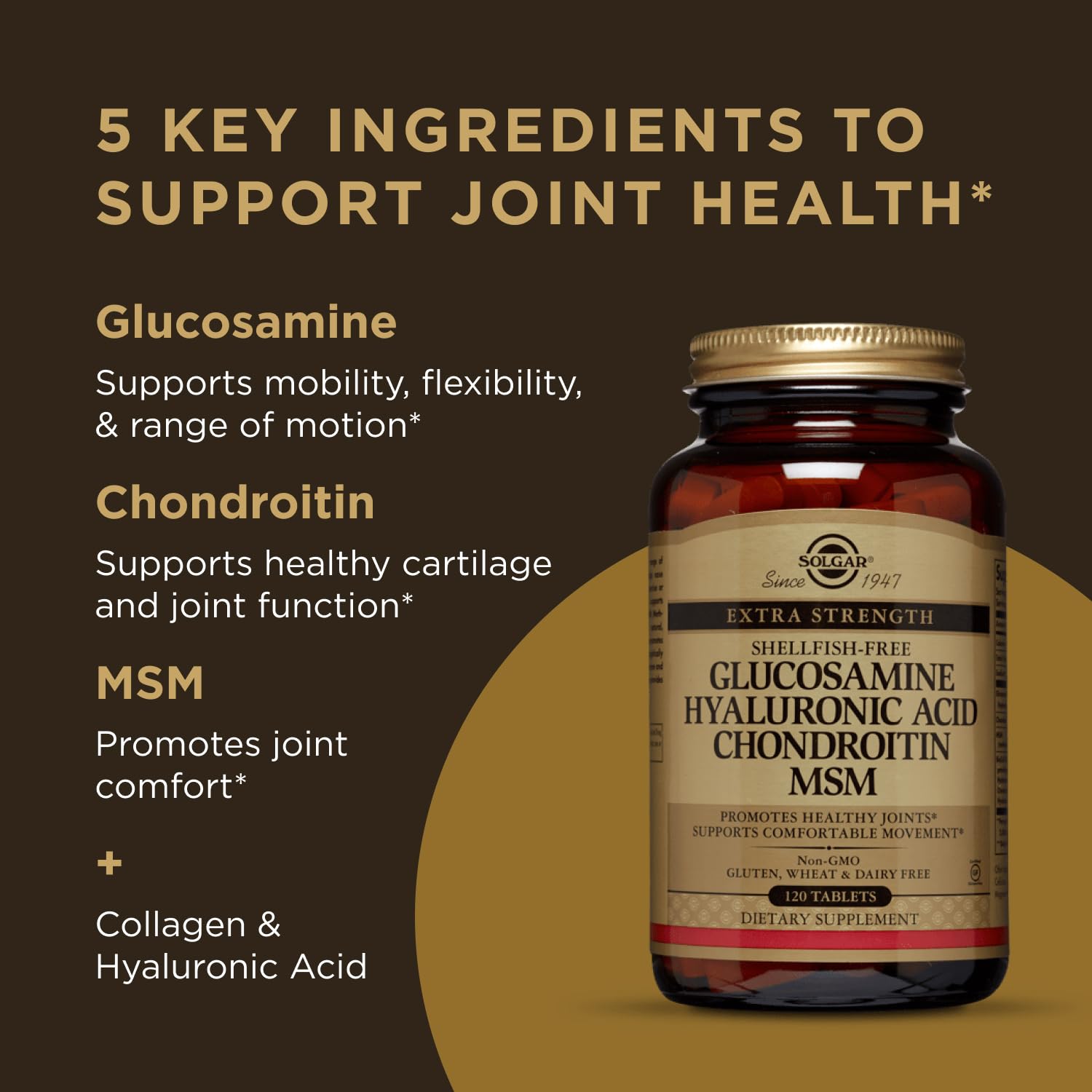 Solgar label close-up highlights non-GMO, gluten-free, shellfish-free formulation for joint wellness.
