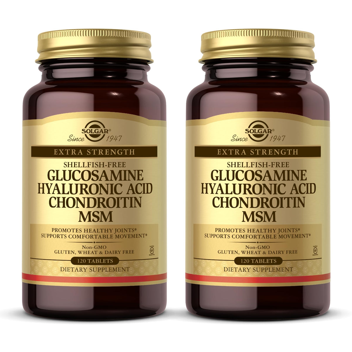 Solgar Glucosamine Hyaluronic Acid Condroitin MSM bottle suggests daily joint support.