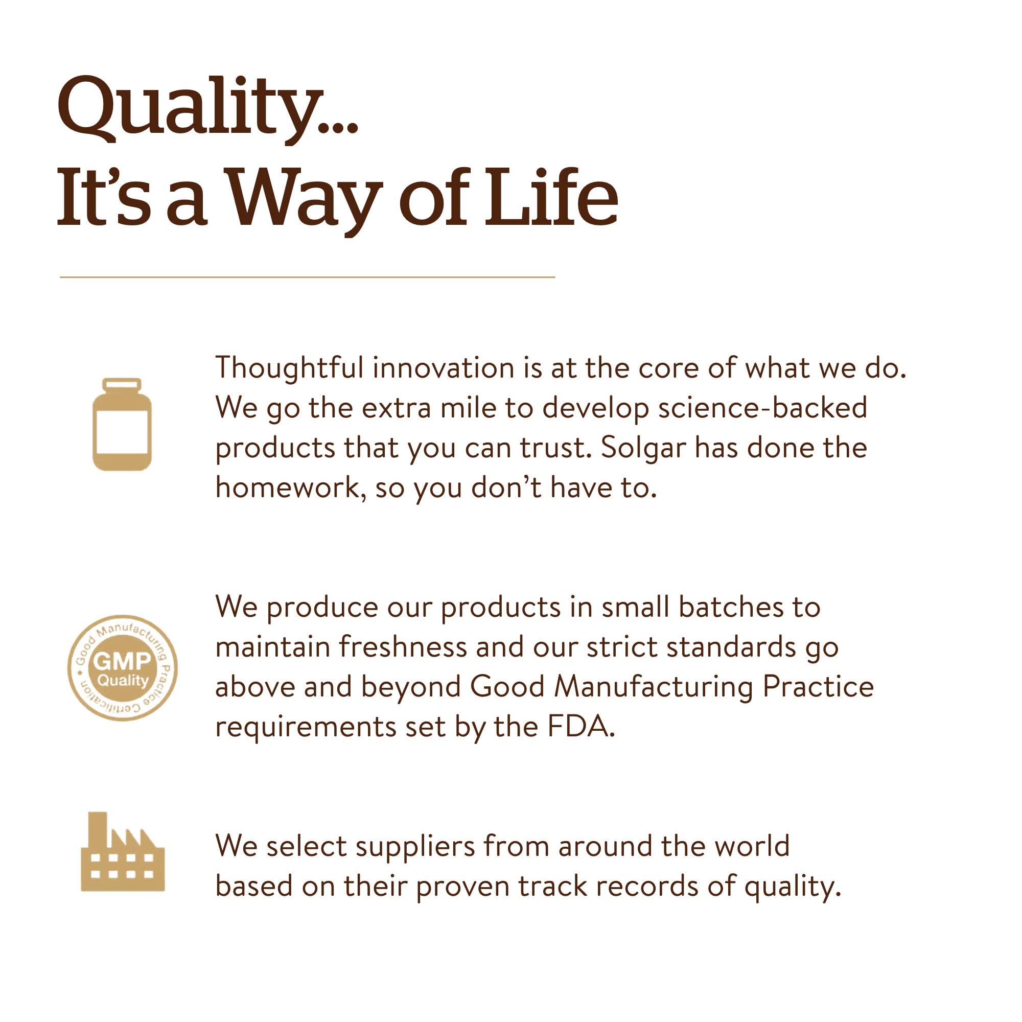 Solgar gold-standard heritage badge on packaging signals long-standing quality