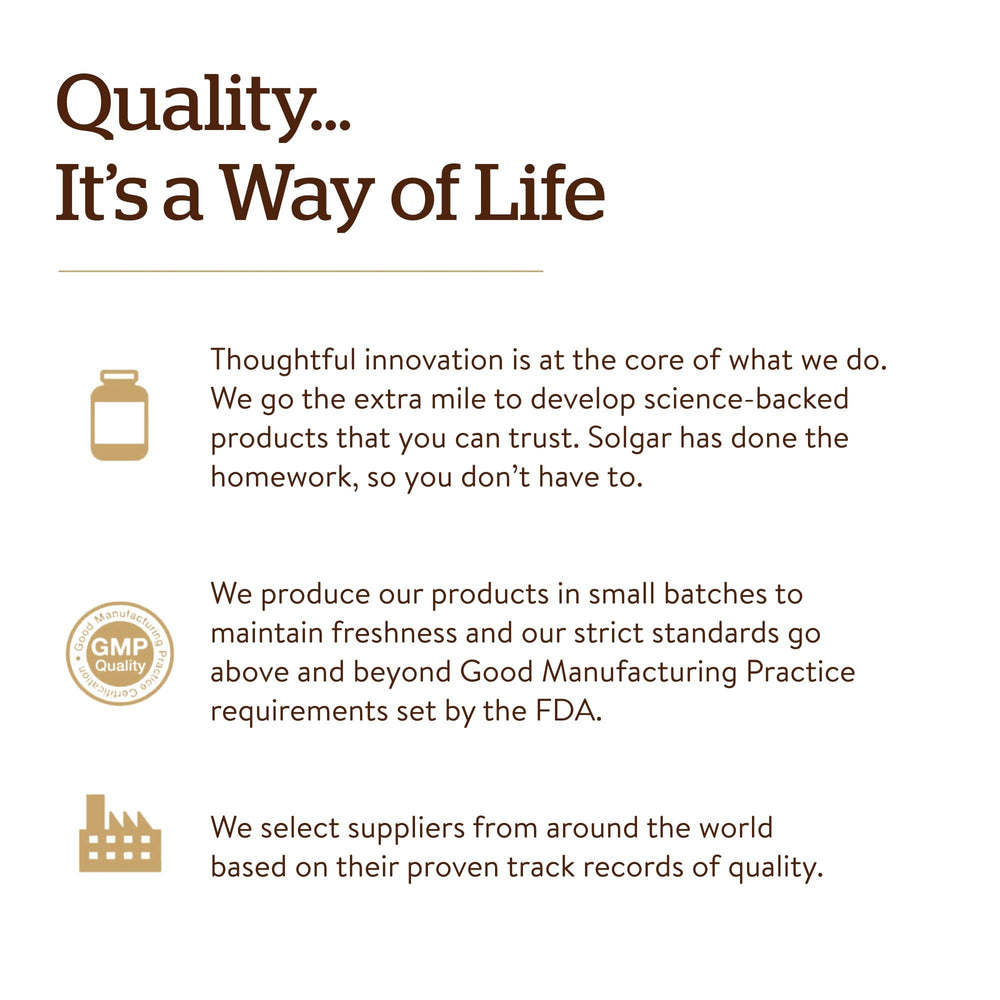 Solgar gold-standard heritage badge on packaging signals long-standing quality