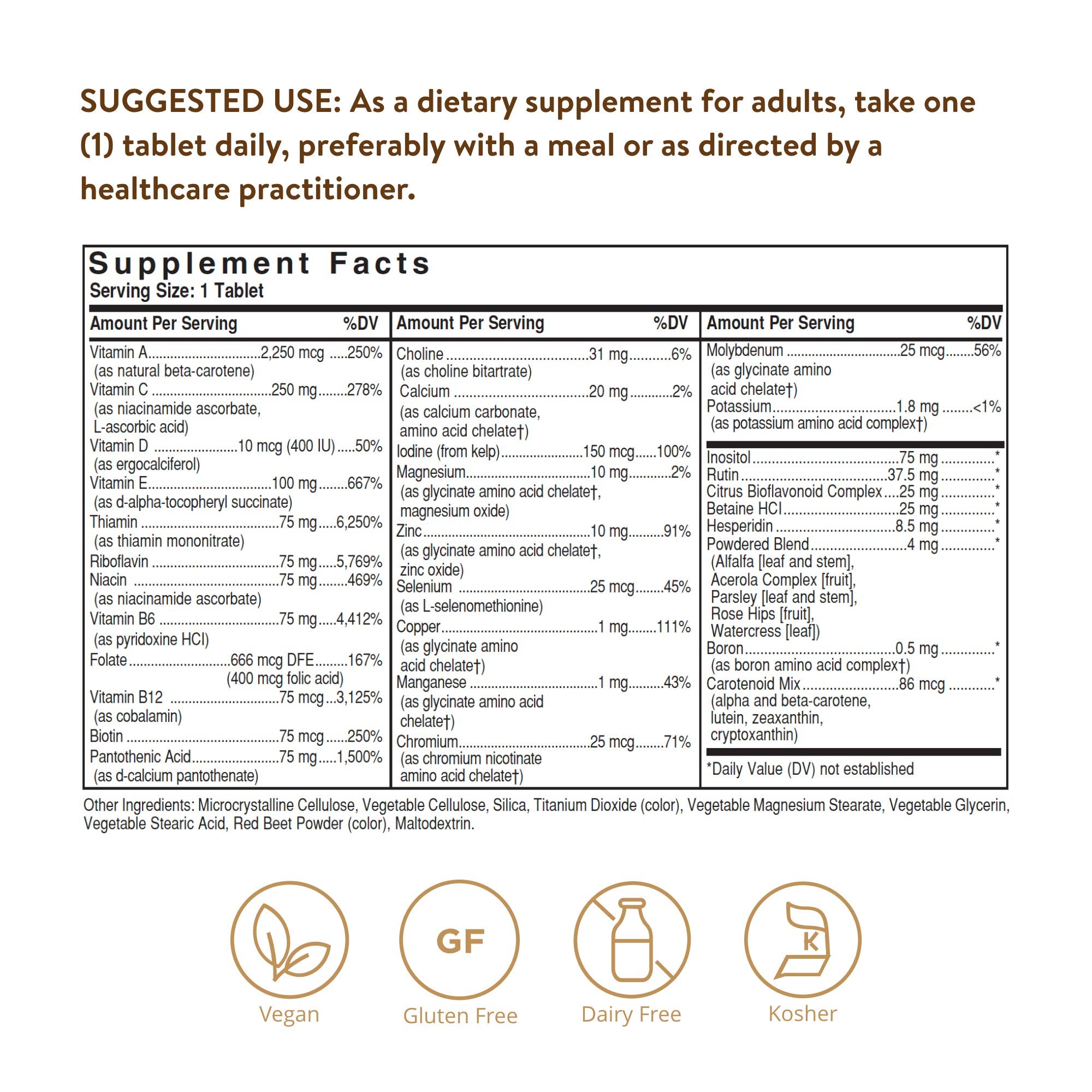 Solgar Iron-Free VM-75 bottle on wood shelf shows vegan, gluten- and dairy-free multivitamin.