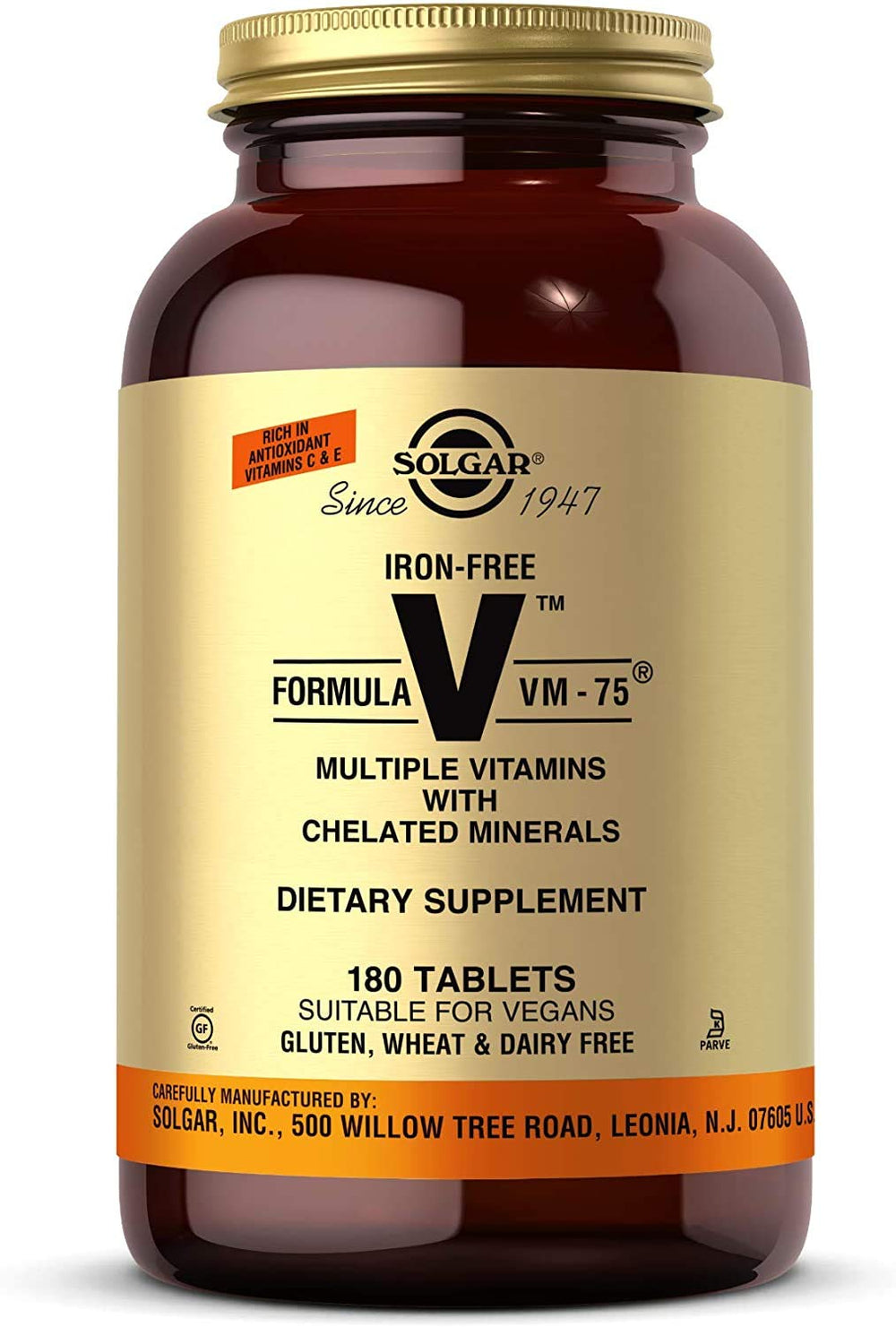 Solgar Iron-Free VM-75 tablets close-up for daily wellness and easy dosing.