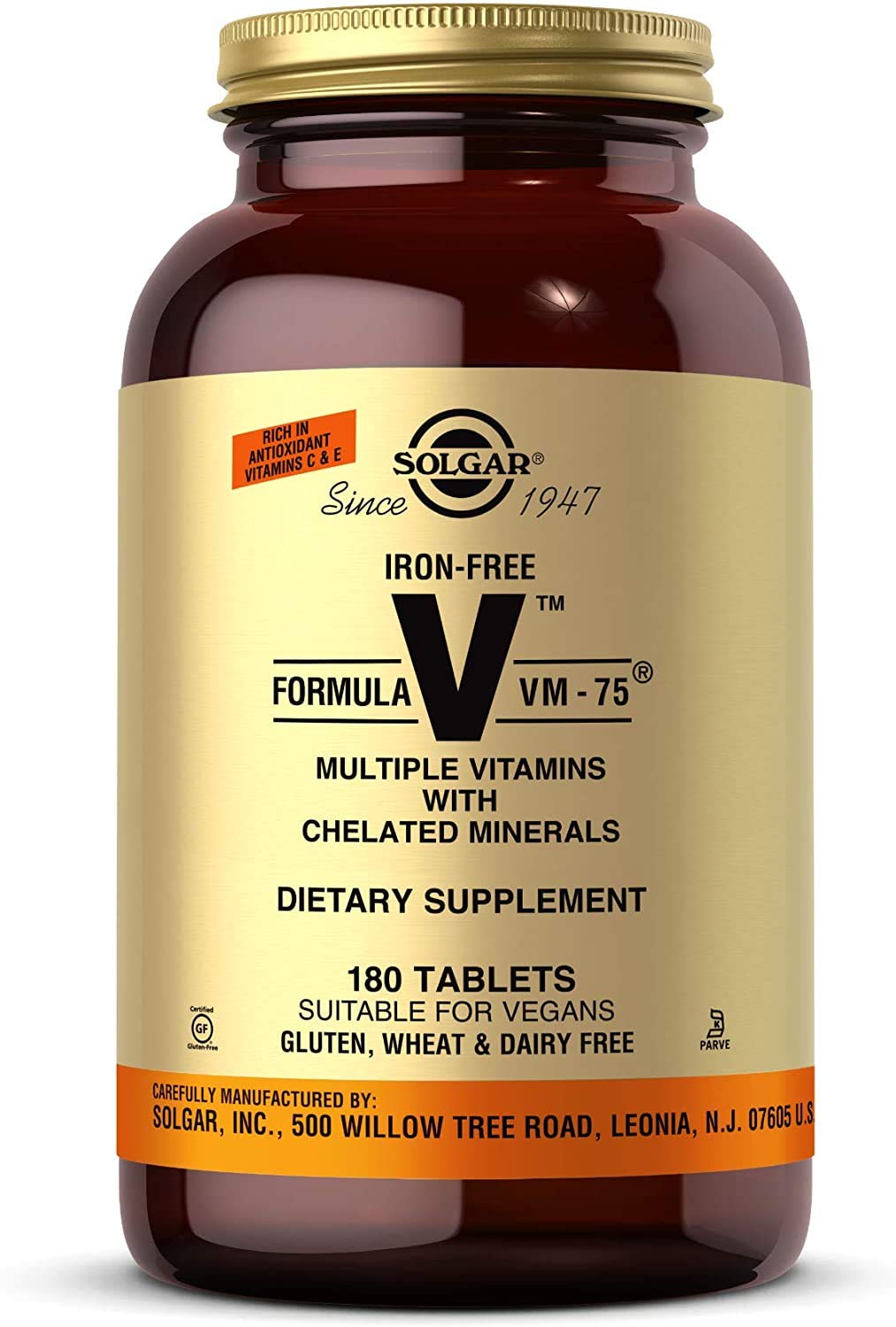 Solgar Iron-Free VM-75 tablets close-up for daily wellness and easy dosing.