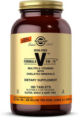 Solgar Iron-Free VM-75 tablets close-up for daily wellness and easy dosing.