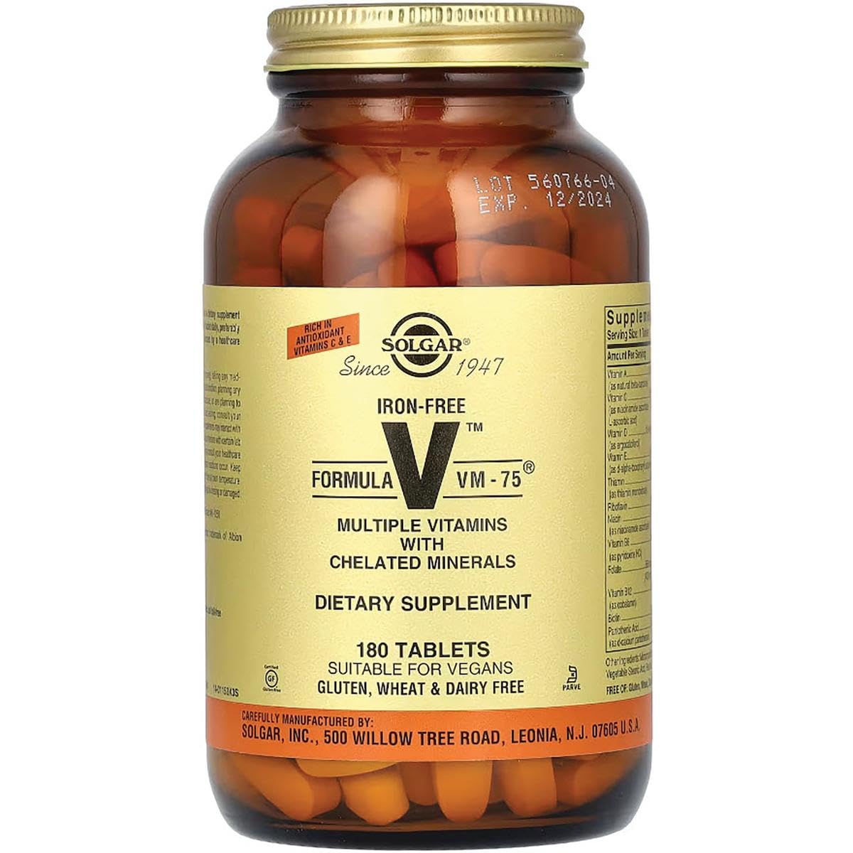 Solgar Iron-Free VM-75 bottle with vegan and kosher labeling emphasizes clean ingredients.
