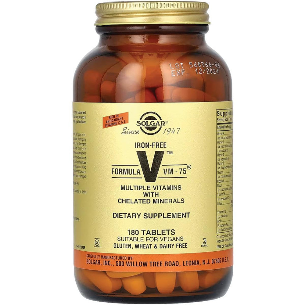 Solgar Iron-Free VM-75 bottle with vegan and kosher labeling emphasizes clean ingredients.