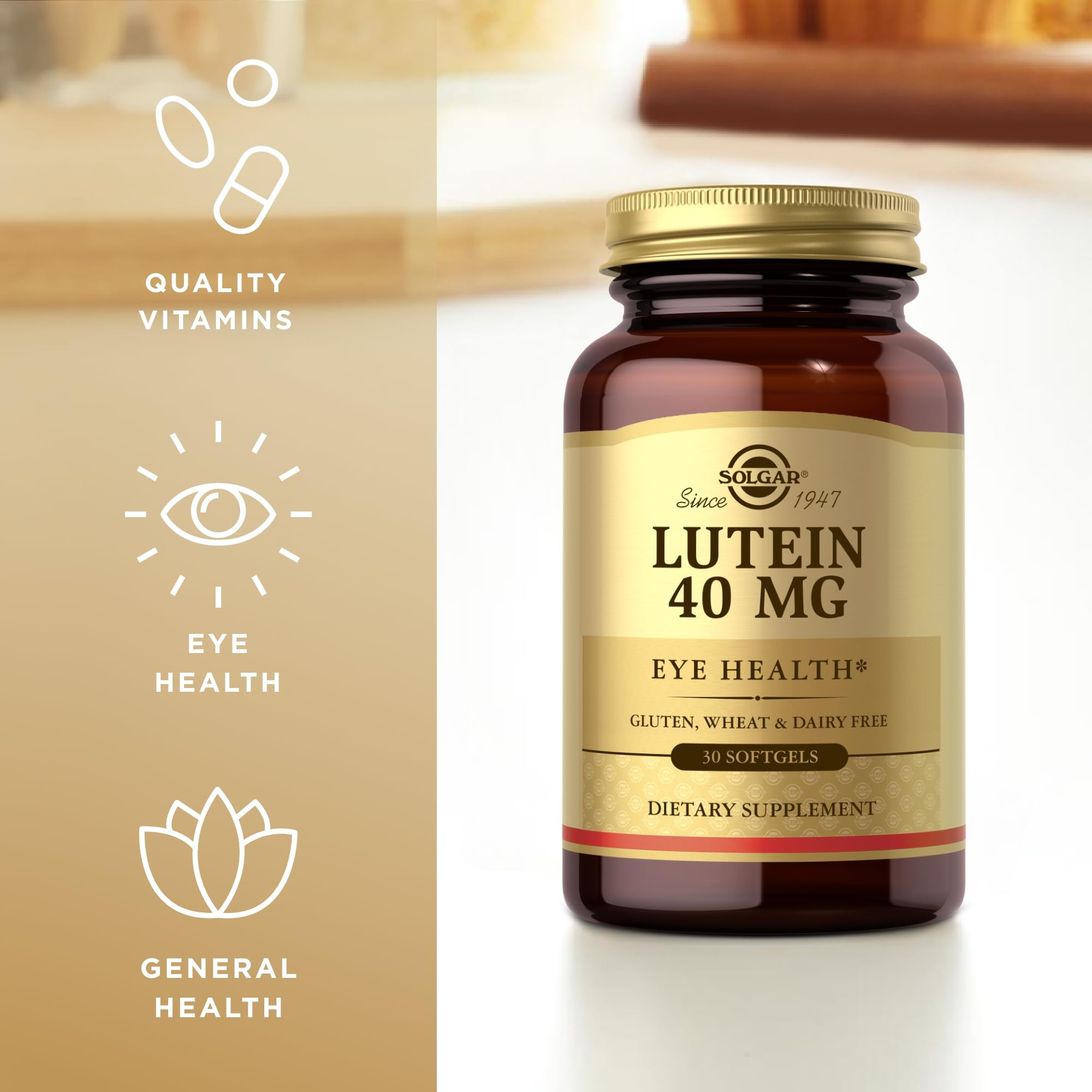 Solgar Lutein 40 mg softgels label close-up highlighting FloraGLO