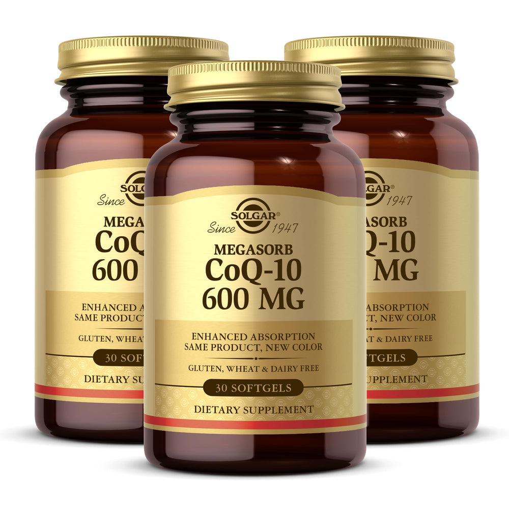 Solgar Megasorb CoQ-10 600 mg softgels bottle showing enhanced absorption and convenience