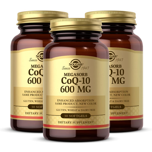 Solgar Megasorb CoQ-10 600 mg softgels bottle showing enhanced absorption and convenience
