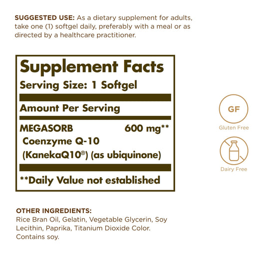 Solgar Megasorb CoQ-10 softgels close-up highlighting oil-based formula for absorption