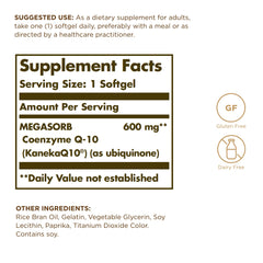 Solgar Megasorb CoQ-10 softgels close-up highlighting oil-based formula for absorption