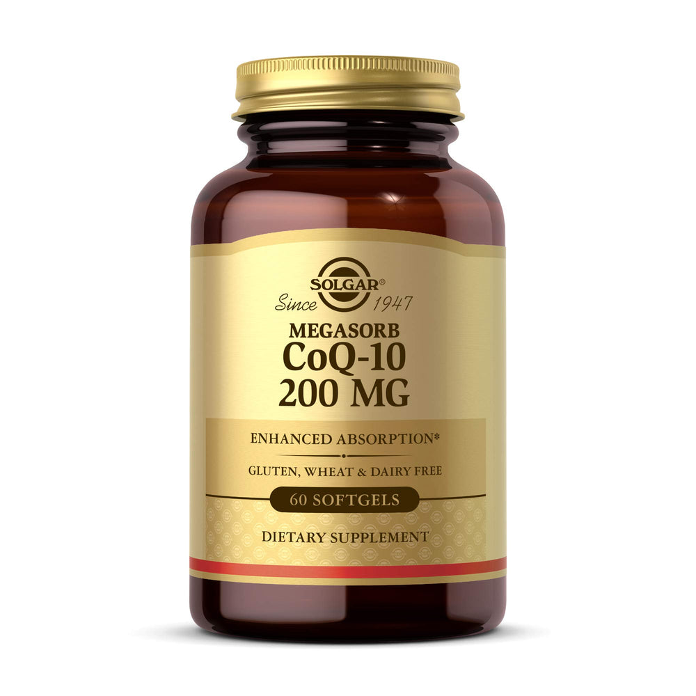 Solgar Megasorb CoQ-10 200 mg bottle with softgels for heart and brain support