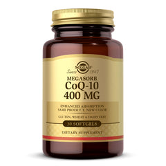 Solgar Megasorb CoQ-10 bottle — 400 mg softgels for enhanced absorption.