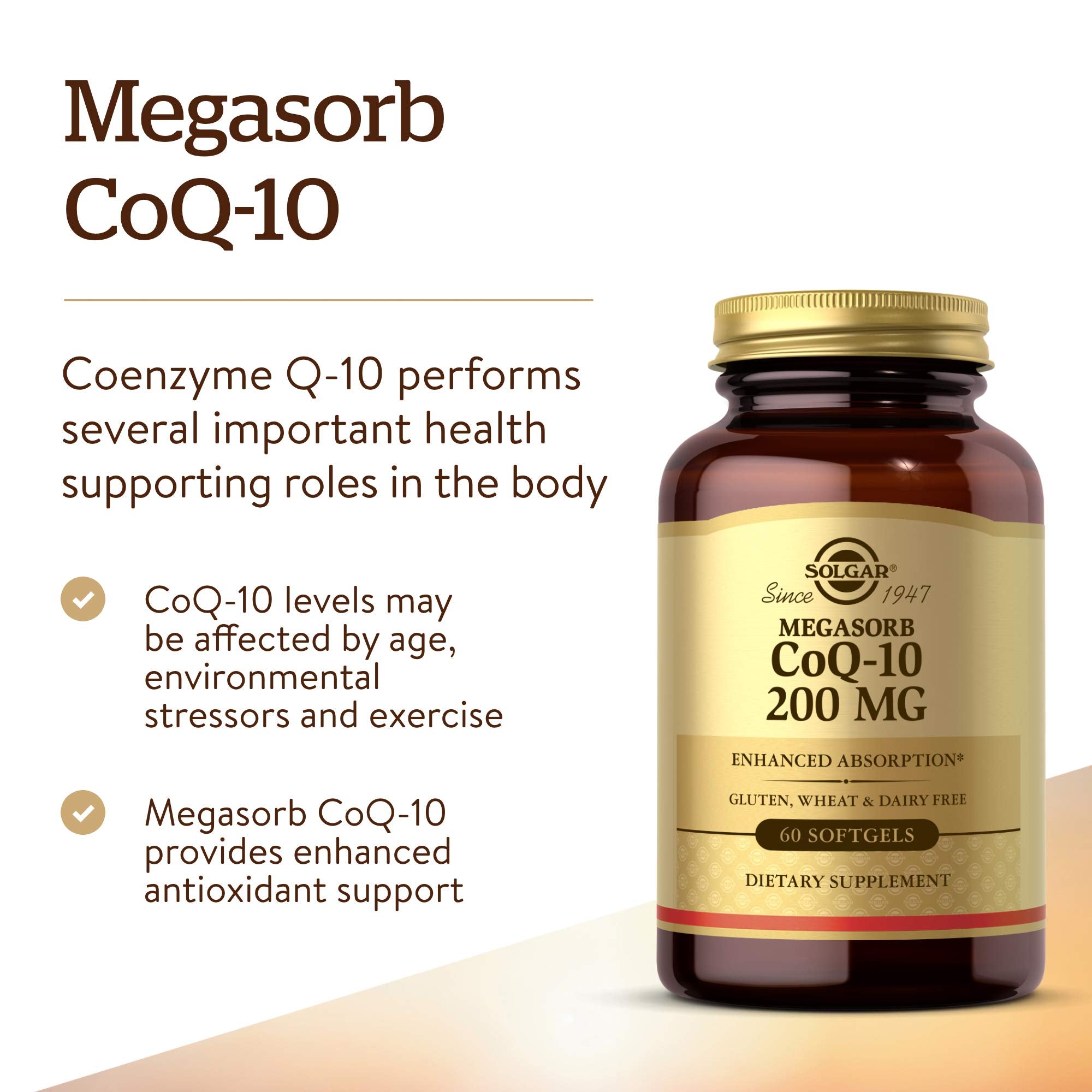 Solgar Megasorb CoQ-10 amber bottle showing oil-based formulation for better absorption