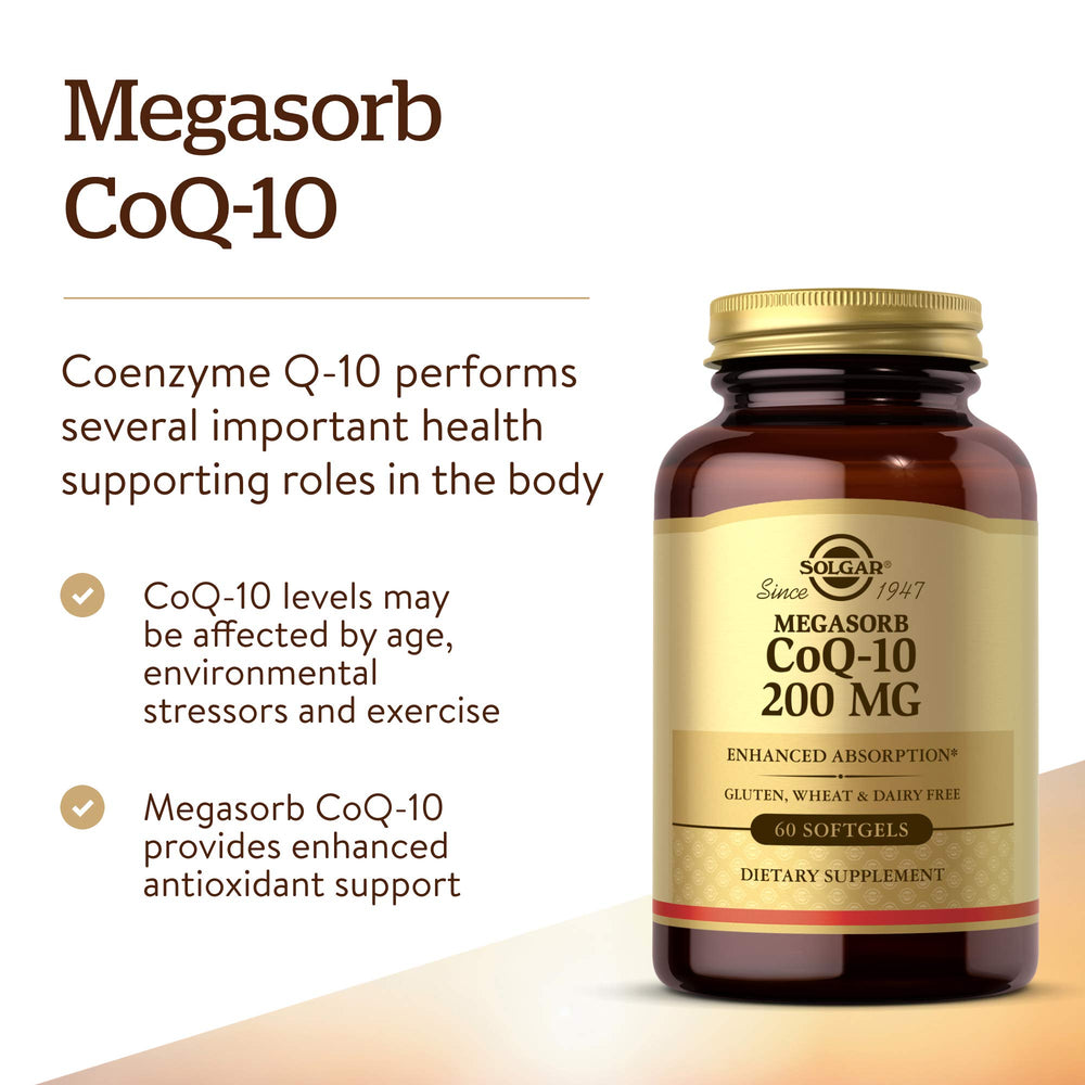 Solgar Megasorb CoQ-10 amber bottle showing oil-based formulation for better absorption