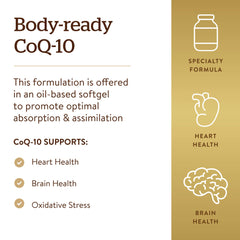 Solgar Megasorb CoQ-10 gluten- and dairy-free formula on display for clean nutrition