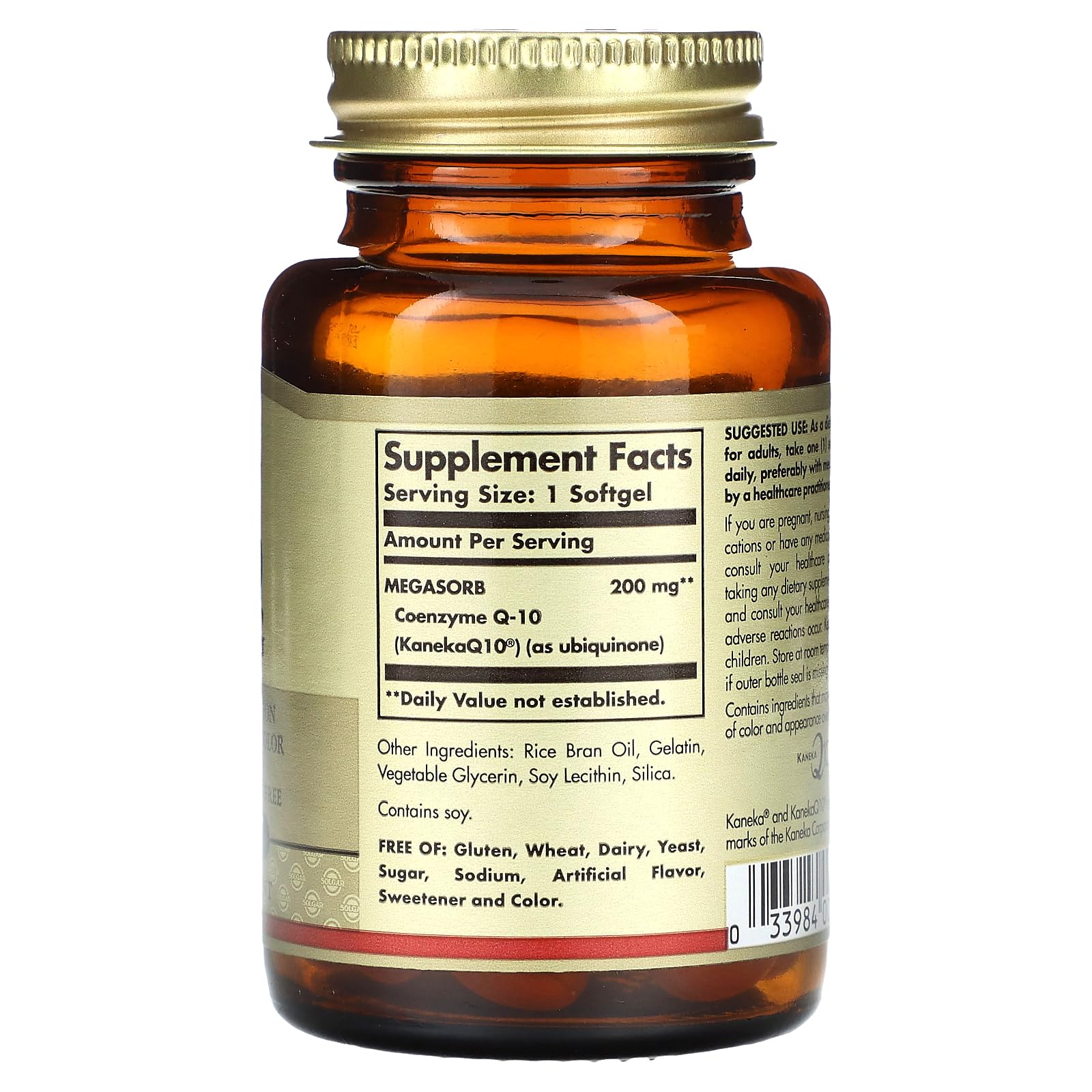 Solgar Megasorb CoQ-10 label and nutrition panel for informed heart and brain choices