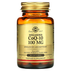 Front label of Solgar Megasorb CoQ-10 emphasizing quality and non-GMO