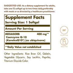 Close-up of Solgar Megasorb CoQ-10 softgels in an oil-based capsule for enhanced absorption.