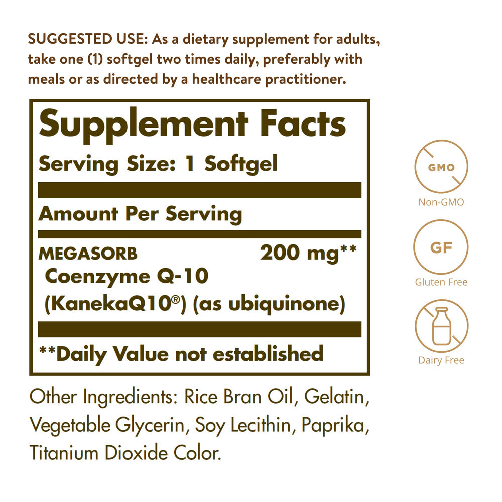Solgar Megasorb CoQ-10 softgels pack for daily use and heart support