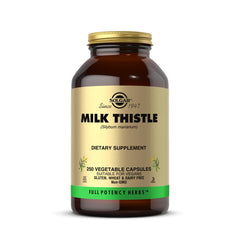 Solgar Milk Thistle bottle with 250 veggie caps on kitchen counter for daily use.
