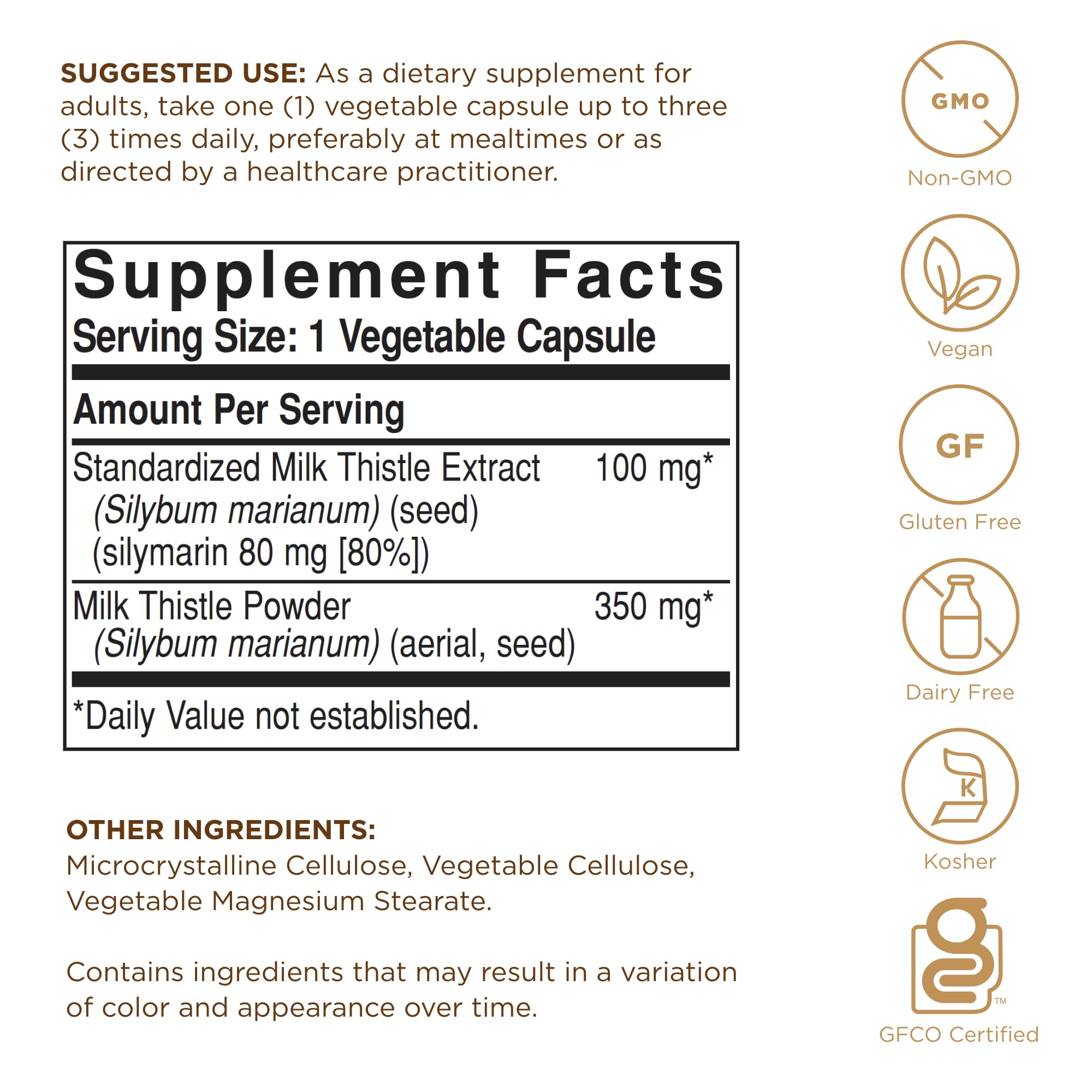 Close-up of Solgar Milk Thistle capsules, 100 mg each, easy to swallow.