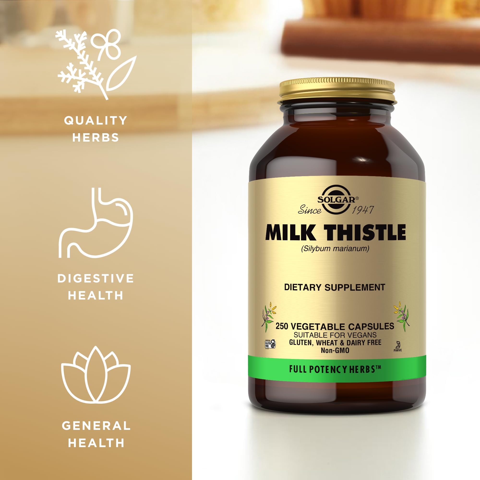 Solgar Milk Thistle label close-up showing clean, clear packaging for daily use.