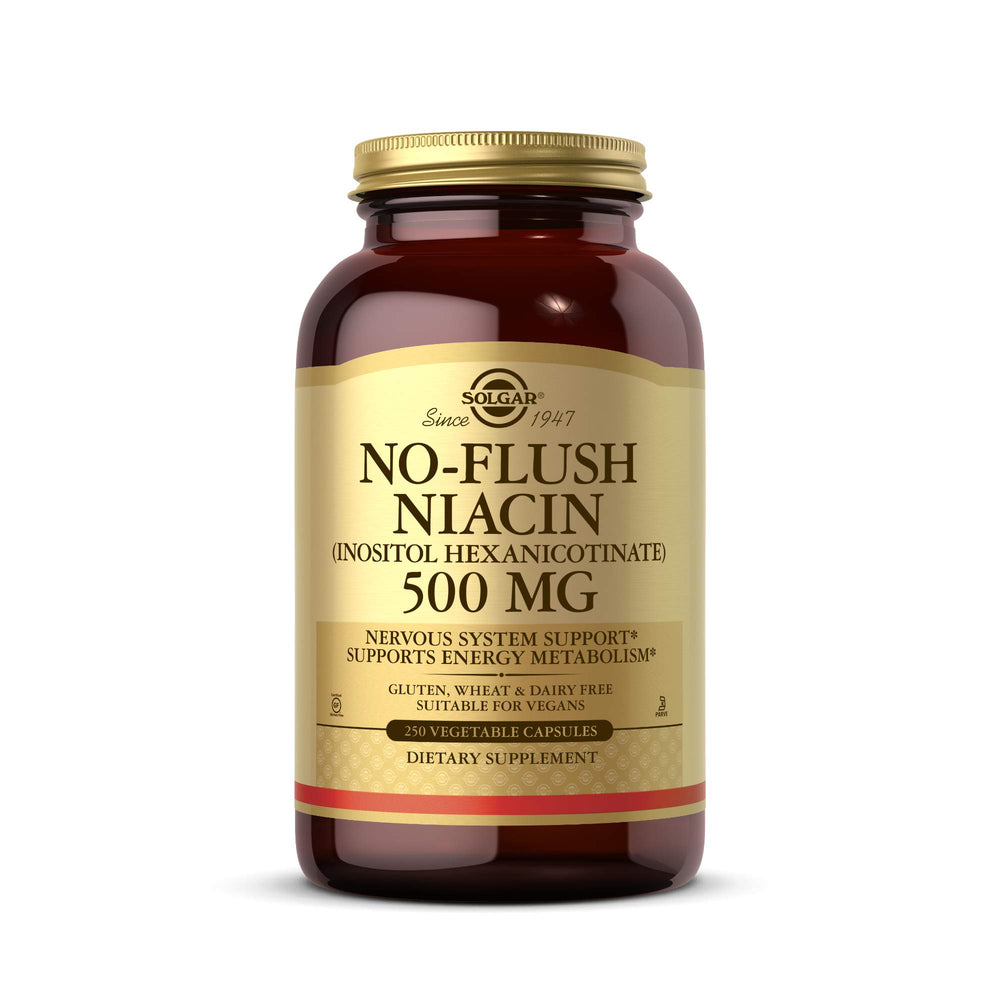 Solgar No-Flush Niacin 500 mg bottle front view showing no-flush delivery.