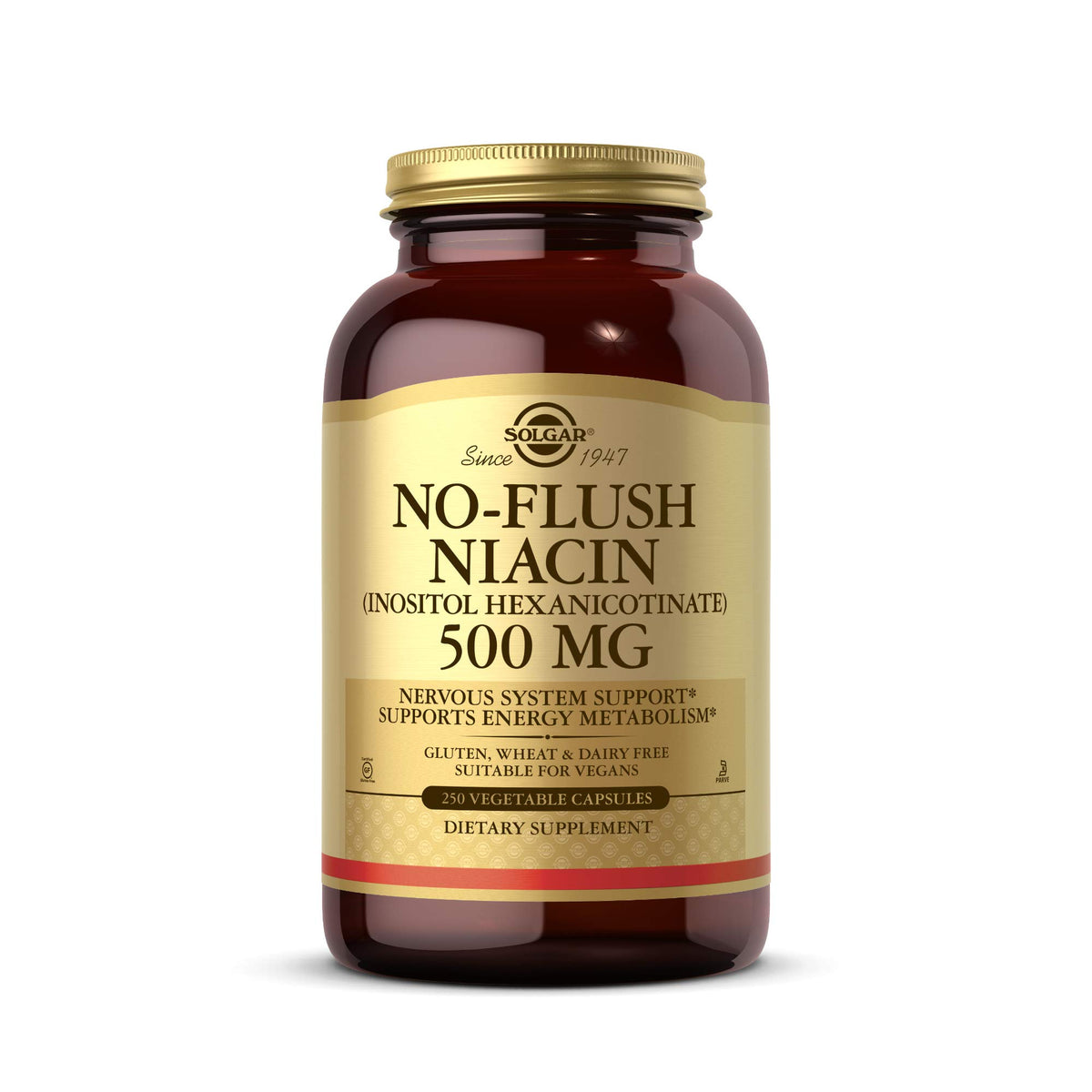 Solgar No-Flush Niacin 500 mg bottle front view showing no-flush delivery.