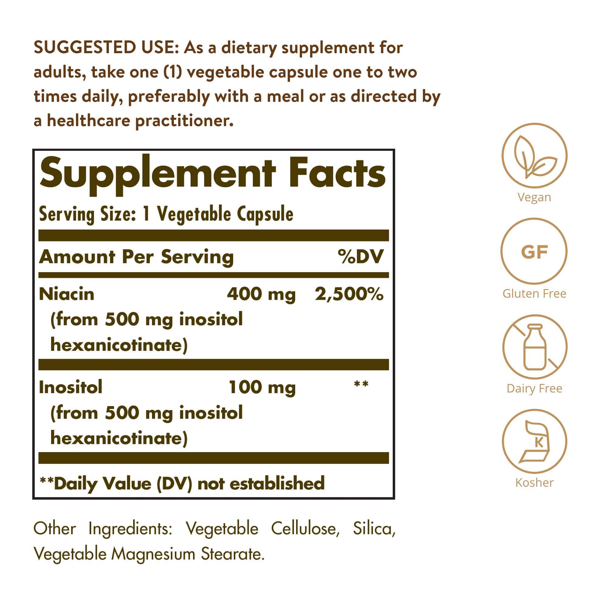 Solgar No-Flush Niacin 500 mg label closeup with niacin per serving details.