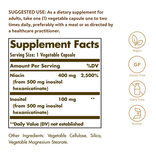 Solgar No-Flush Niacin 500 mg label closeup with niacin per serving details.