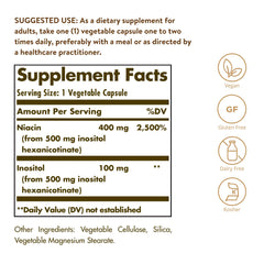 Solgar No-Flush Niacin 500 mg label closeup with niacin per serving details.