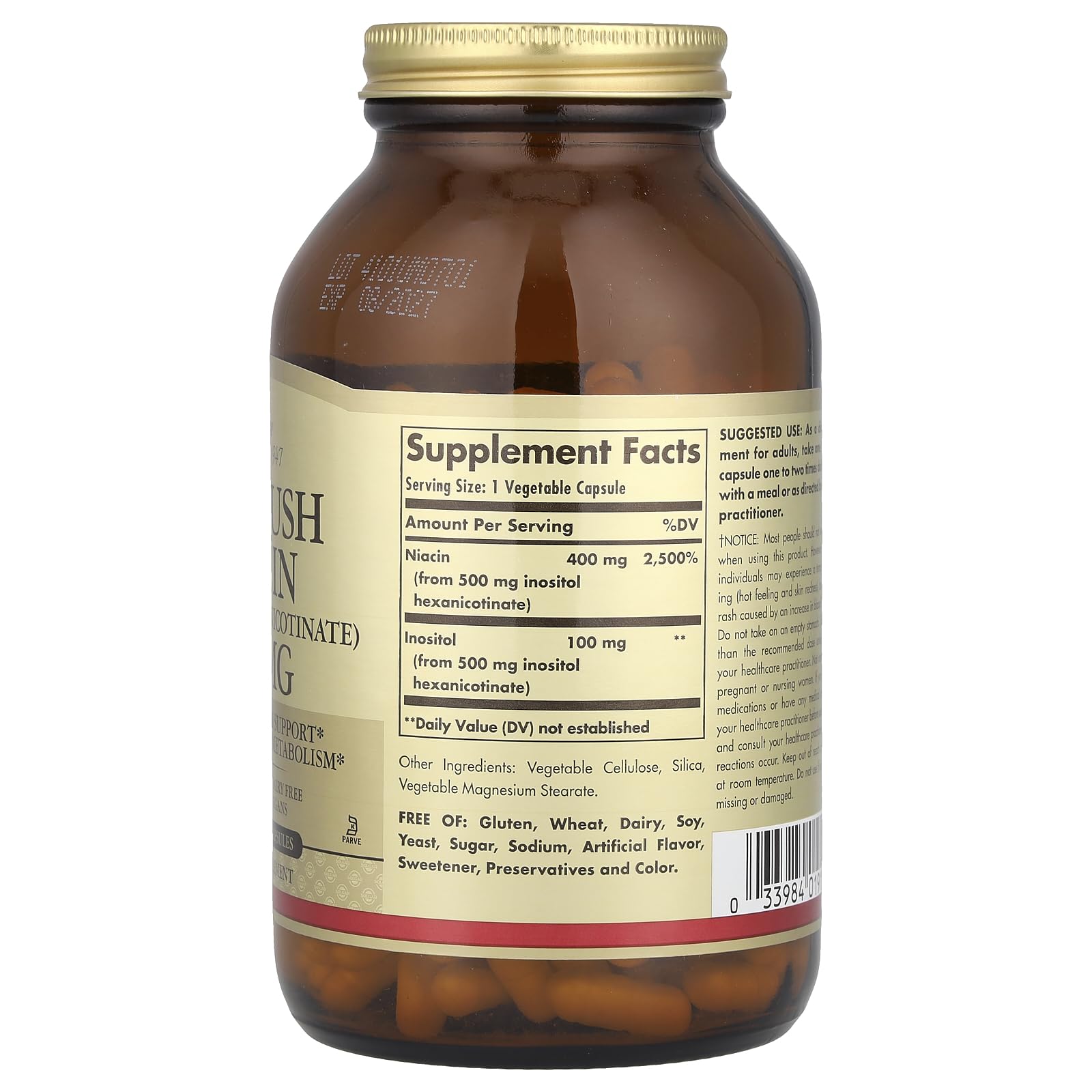 Solgar No-Flush Niacin bottle on a kitchen counter for daily supplementation.
