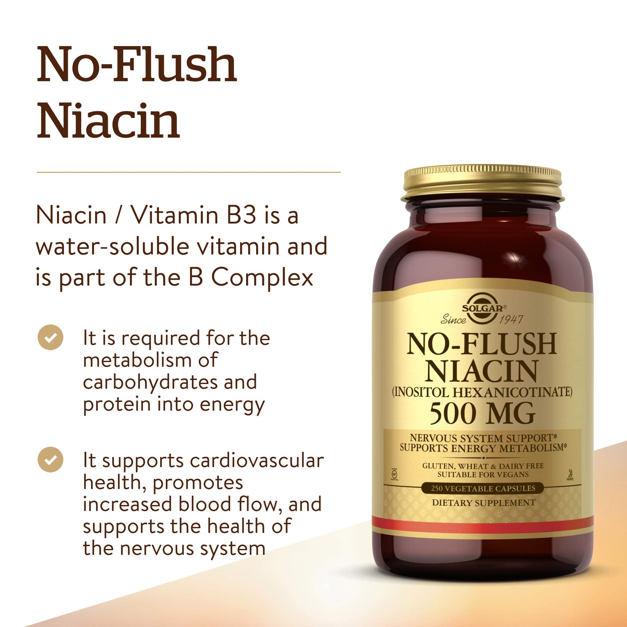 Solgar No-Flush Niacin capsules dispensed for daily use.