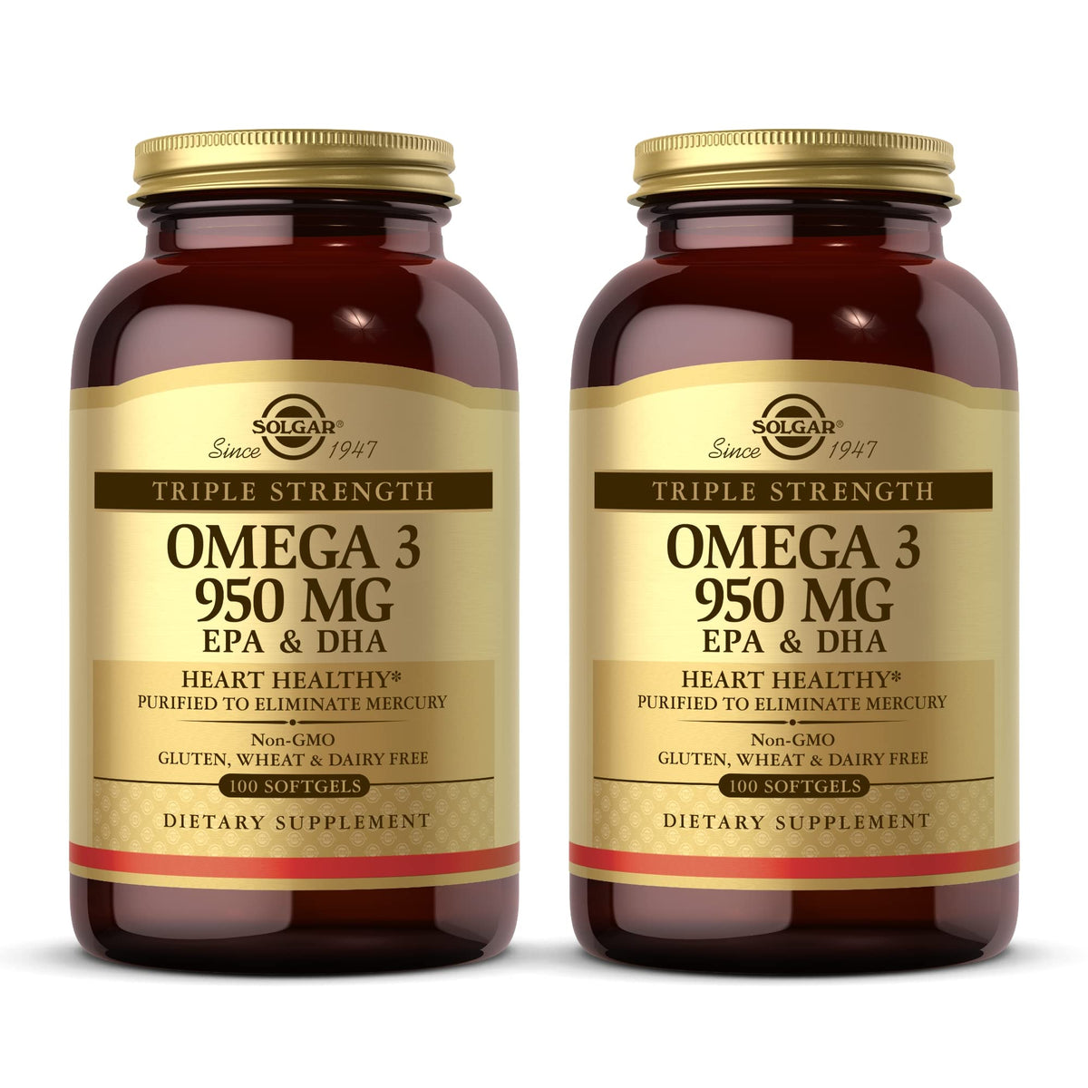 Solgar Omega-3 950mg softgels bottle with label hints at joint and skin support.