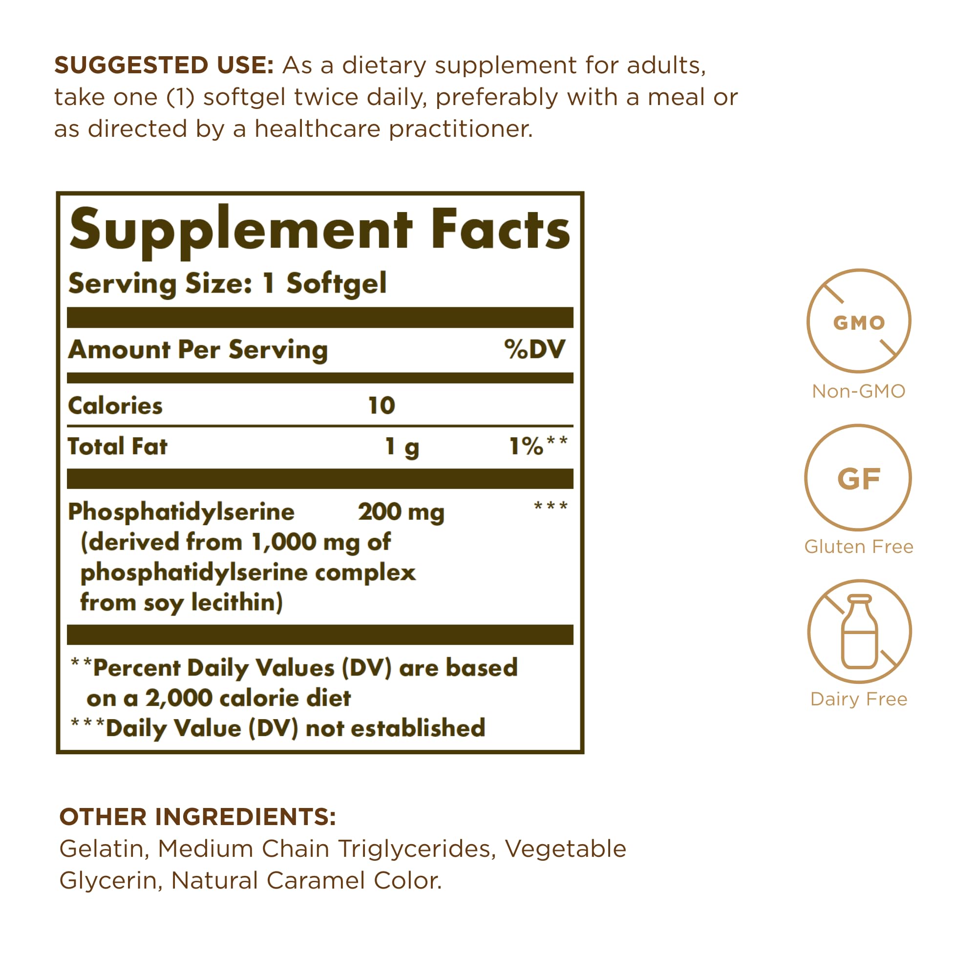 Solgar Phosphatidylserine 200 mg softgels close-up shows natural source for cognitive support
