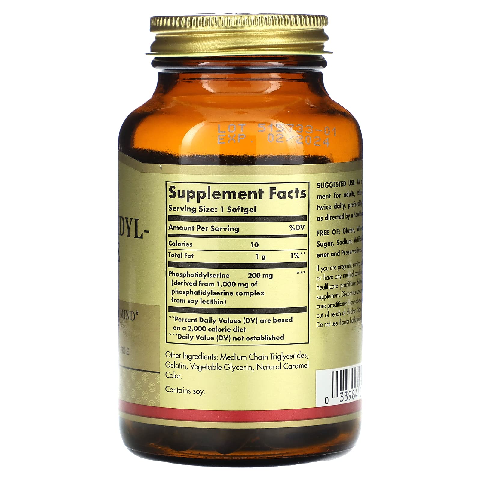 Solgar Phosphatidylserine label close-up shows gluten-free and dairy-free features.